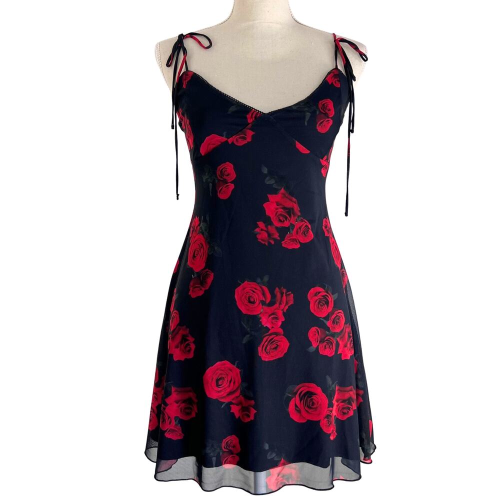 Bershka Rose Print Strappy Mini Dress Black Red Floral Y2K Romantic Going Out - Picture 3 of 10
